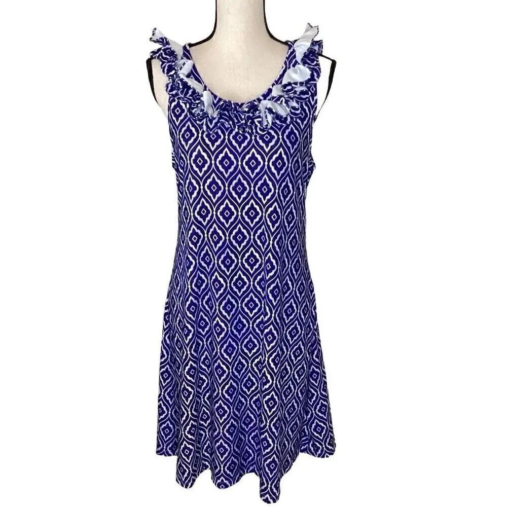 Beacon Hill Kristy Blue and White Ruffled Neck A Line Dress Size M